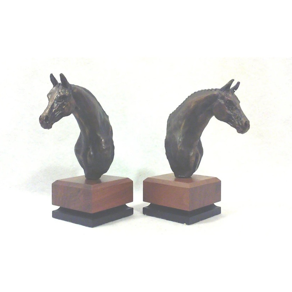 Mid-Century Brutalist Horse Book Ends on Teak Bases Equestrian